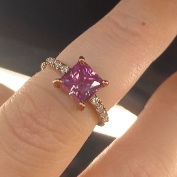 Pink Moissanite (Cush 8x8mm), White Moissanite Ring in Vermeil RG Over Sterling - Picture 1 of 6